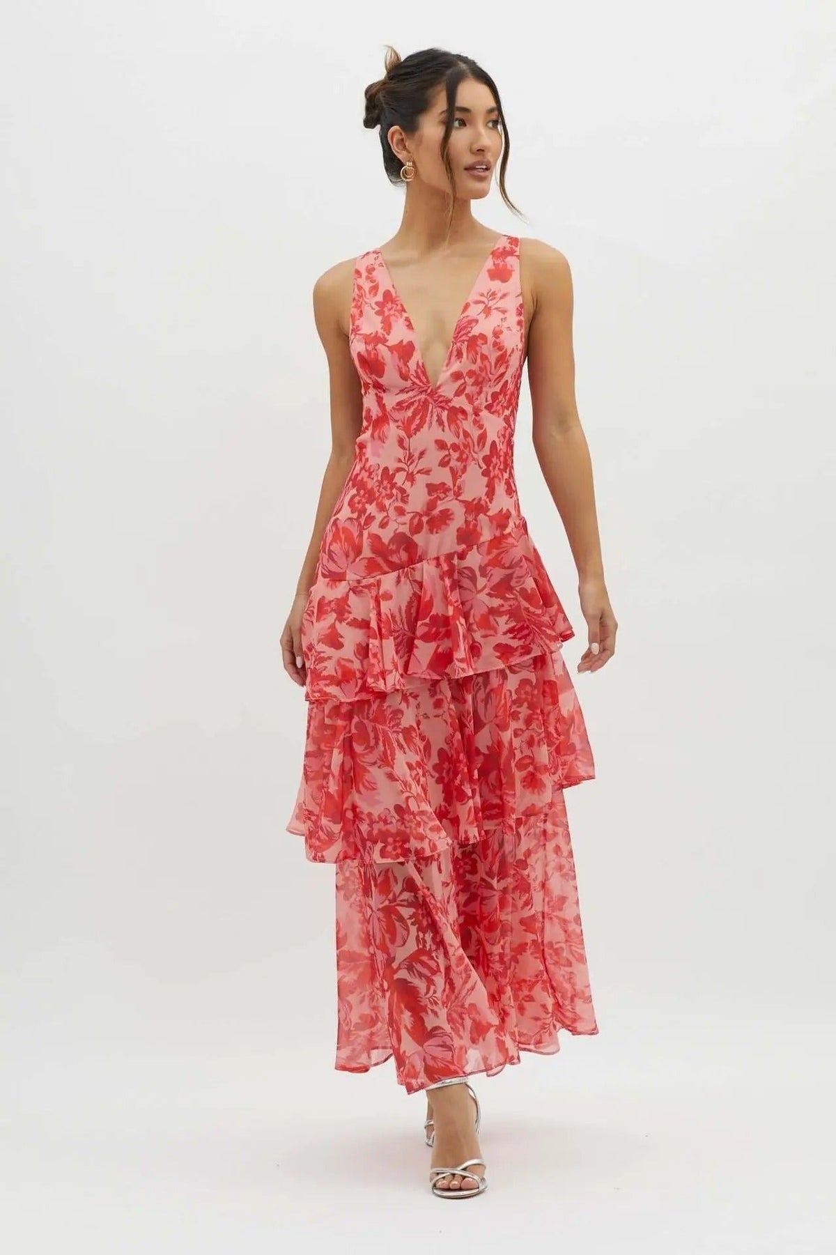Women's Elegant Floral Tiered Maxi Dress - front