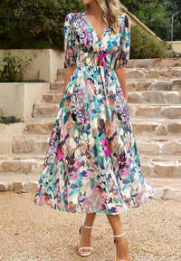 Women's Elegant Floral V-Neck Midi Dress - back