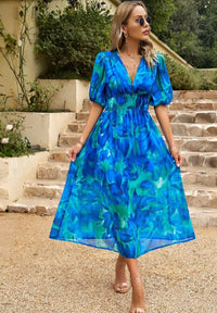 Women's Elegant Floral V-Neck Midi Dress - detail