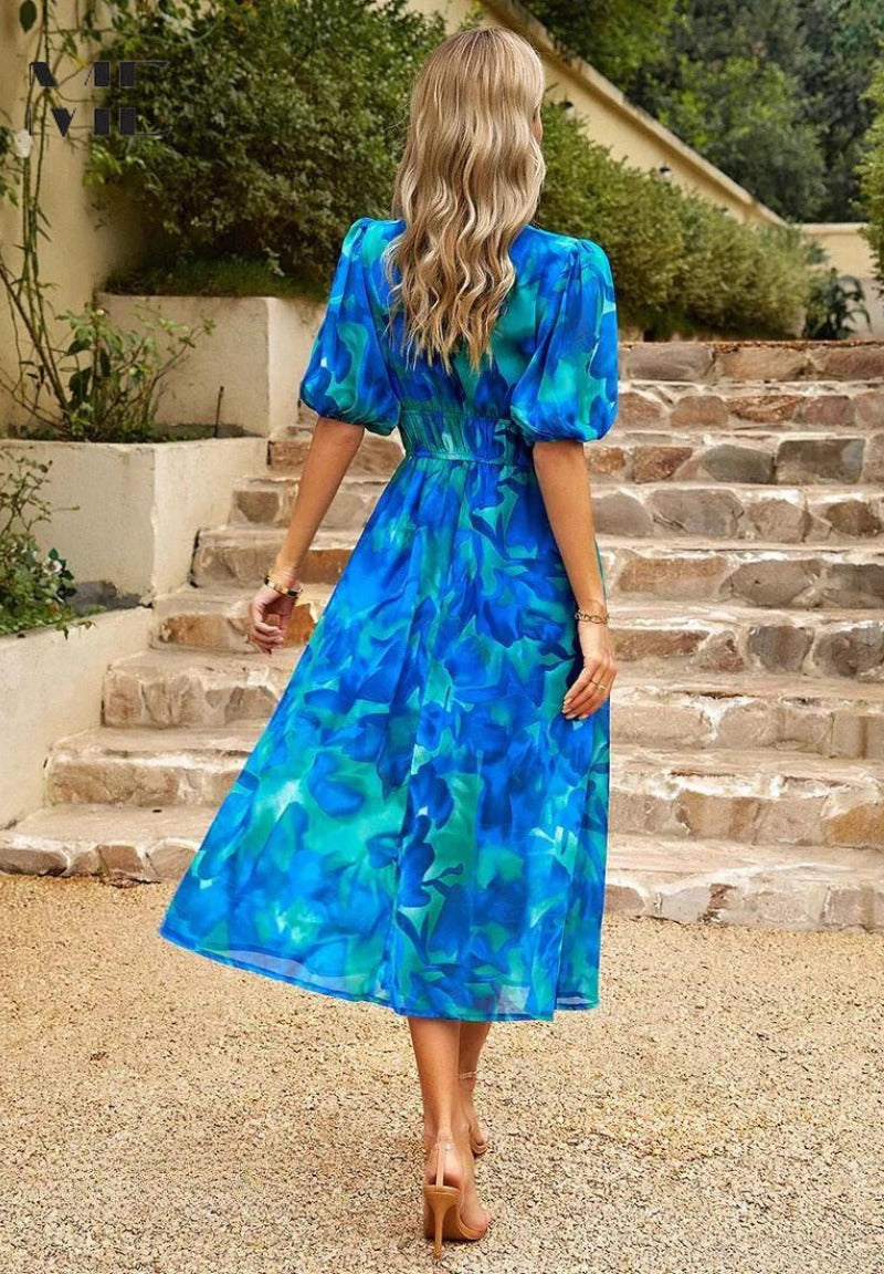 Women's Elegant Floral V-Neck Midi Dress - lifestyle
