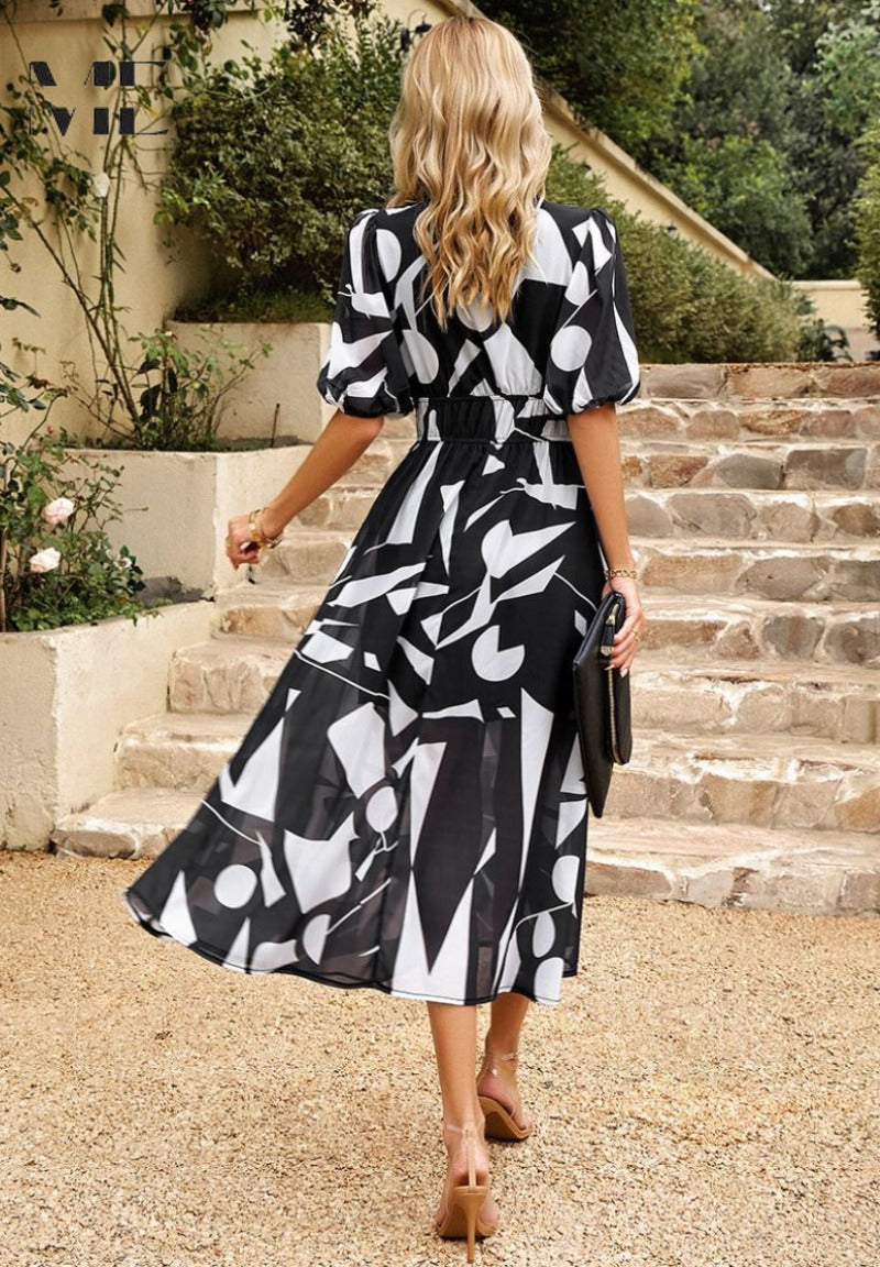 Women's Elegant Floral V-Neck Midi Dress - look