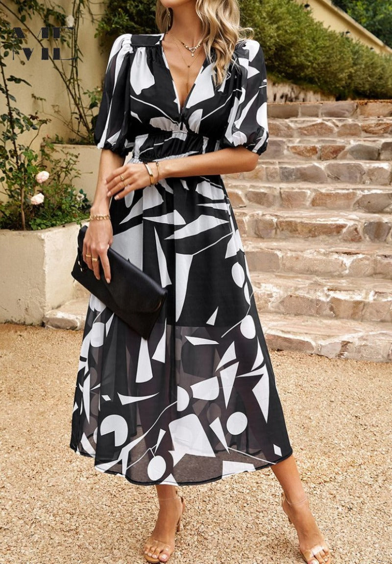 Women's Elegant Floral V-Neck Midi Dress - look