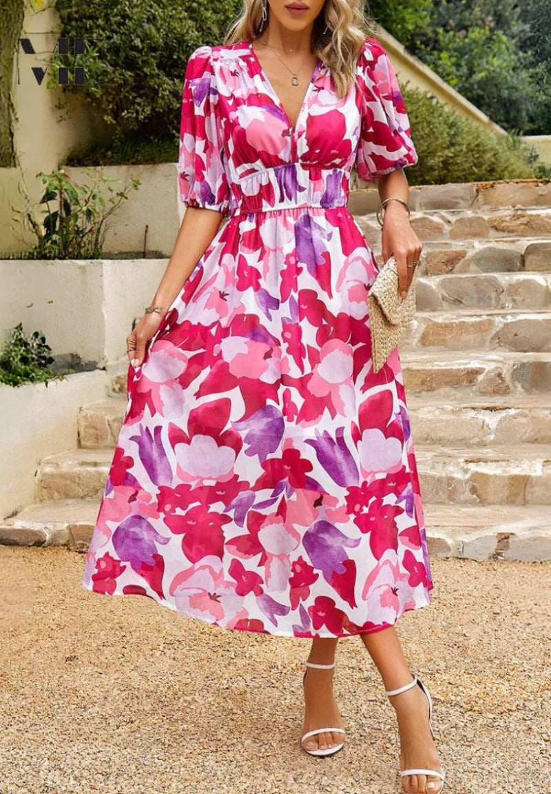Women's Elegant Floral V-Neck Midi Dress - look