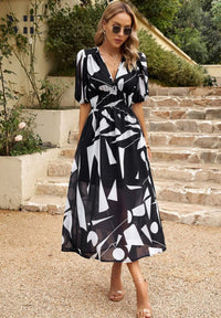 Women's Elegant Floral V-Neck Midi Dress - look