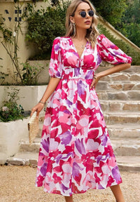 Women's Elegant Floral V-Neck Midi Dress - look