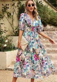 Women's Elegant Floral V-Neck Midi Dress - side