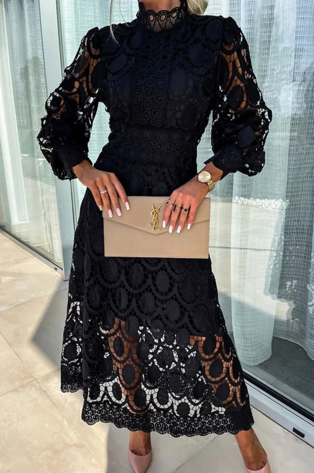 Women's Elegant Lace Midi Dress - back
