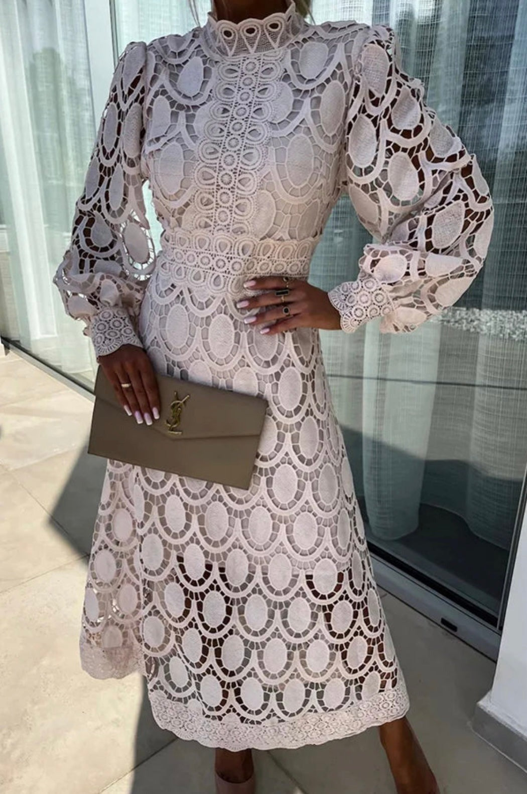 Women's Elegant Lace Midi Dress - front