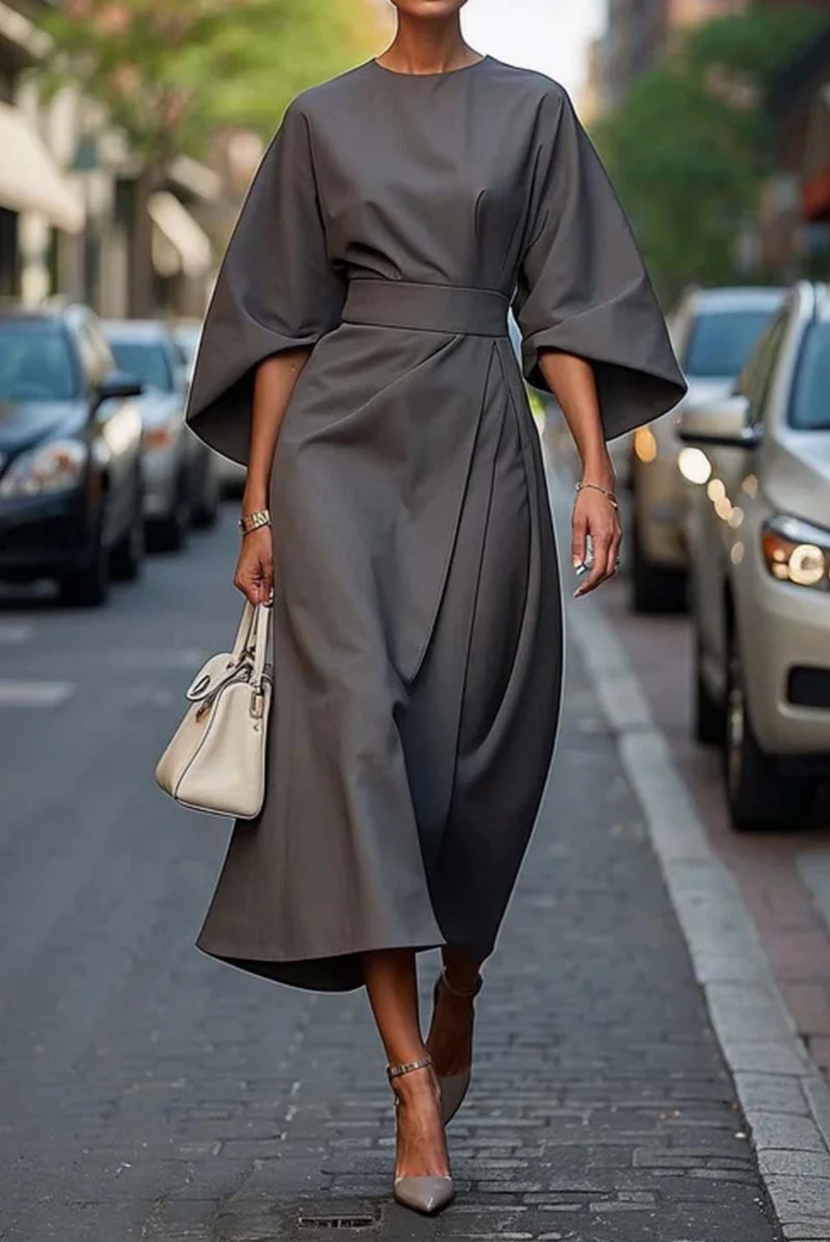 Women's Elegant Lantern Sleeves Midi Dress - detail