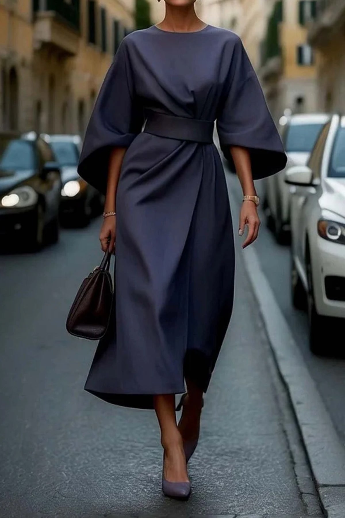 Women's Elegant Lantern Sleeves Midi Dress - hero