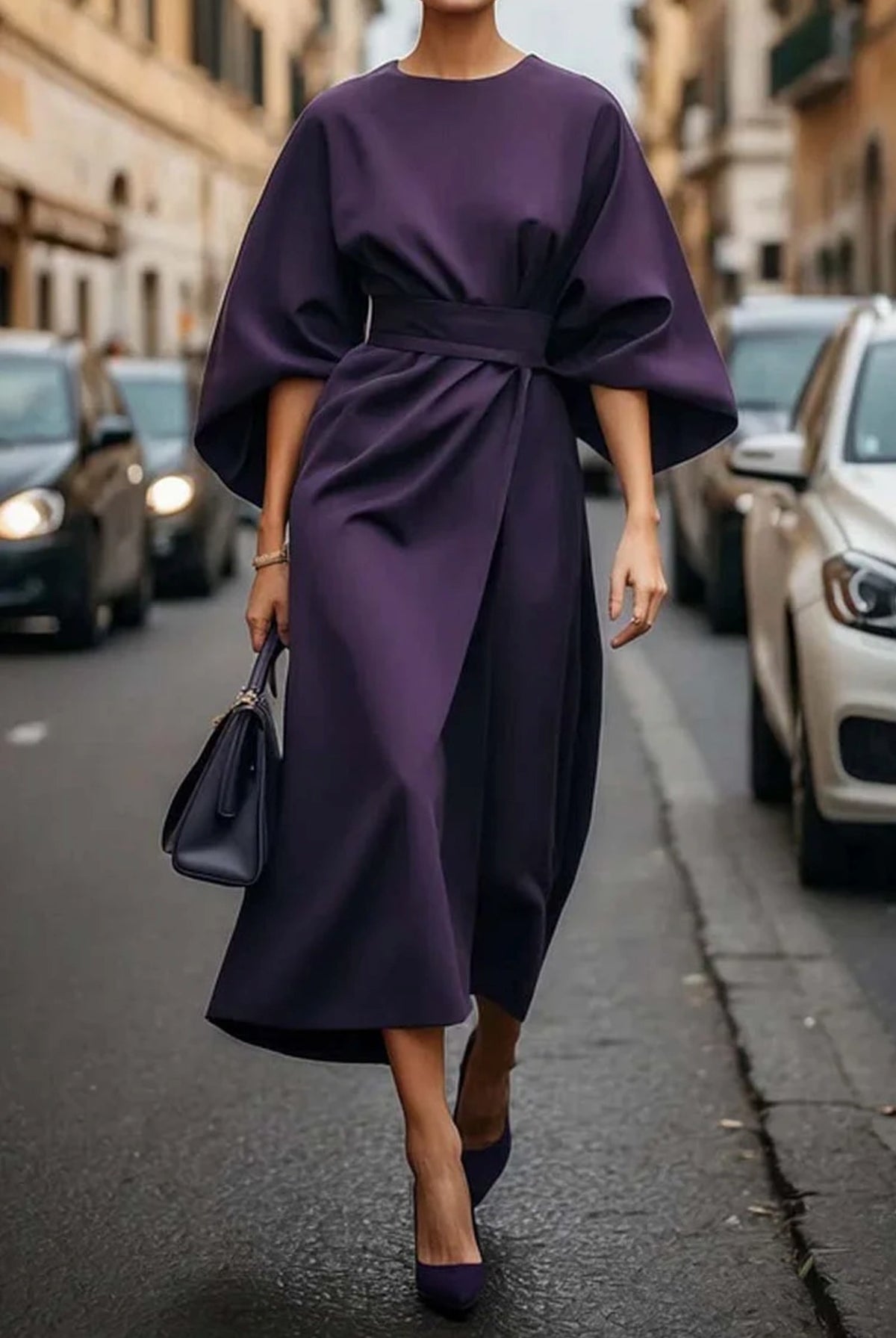 Women's Elegant Lantern Sleeves Midi Dress - lifestyle