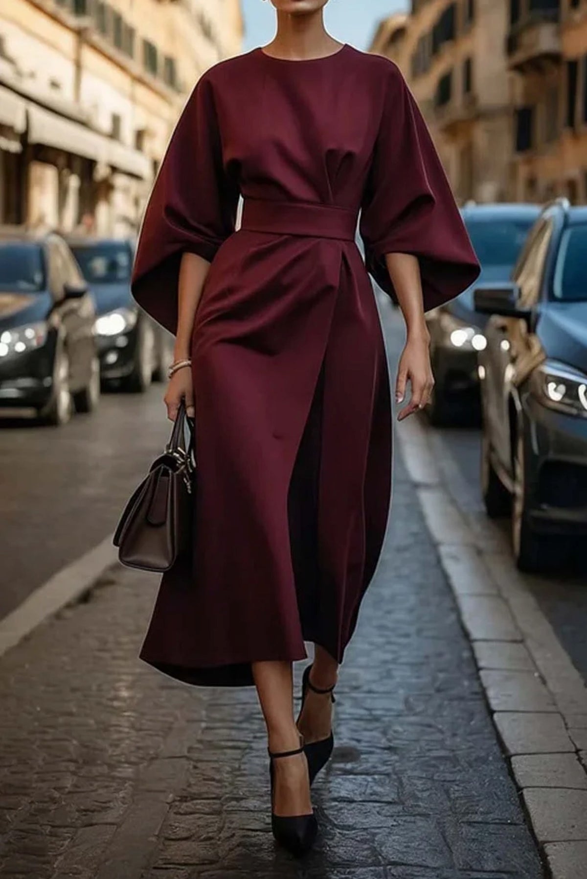 Women's Elegant Lantern Sleeves Midi Dress - side