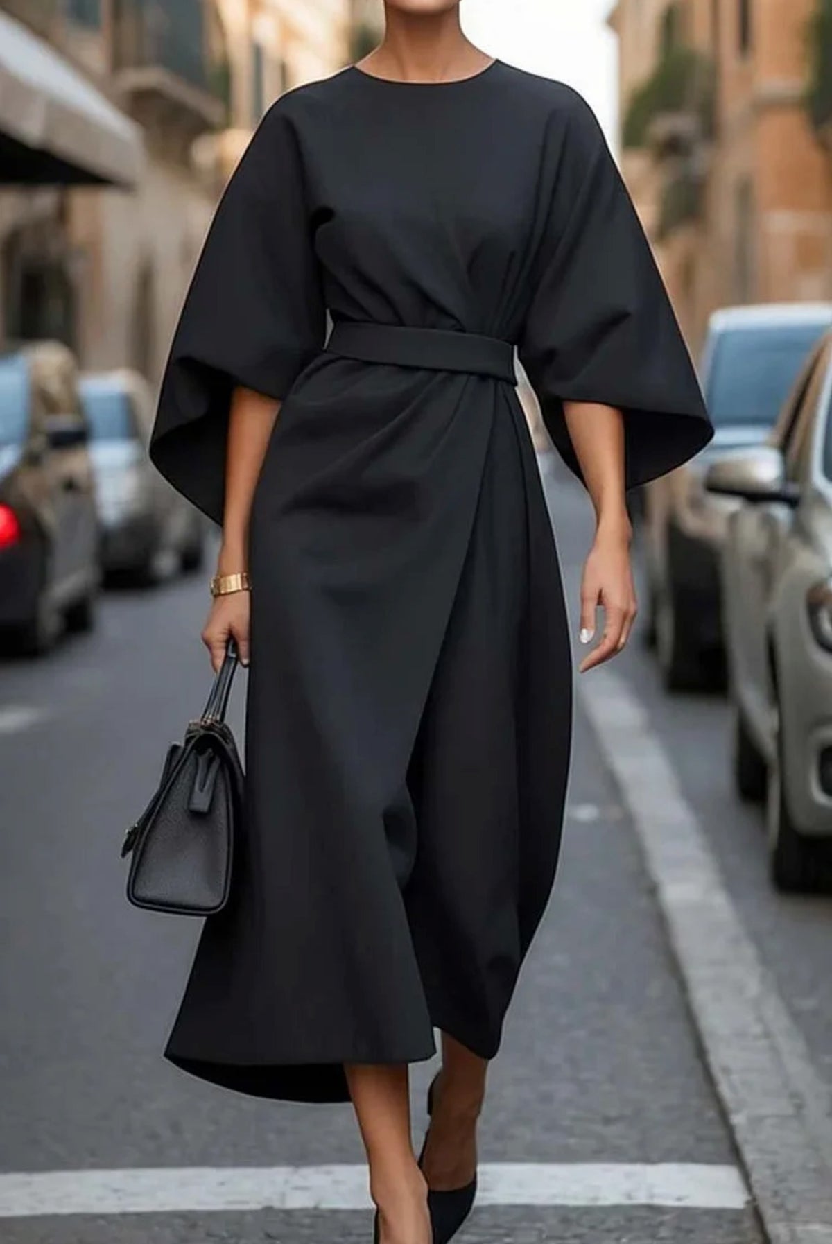Women's Elegant Lantern Sleeves Midi Dress - view
