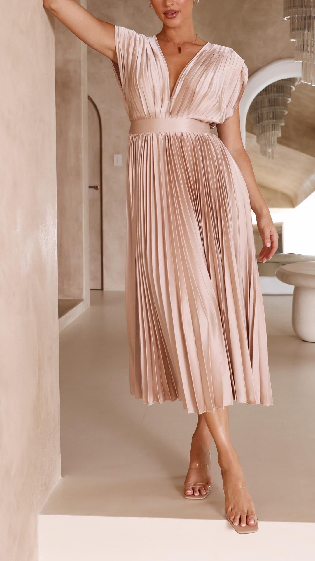 Women's Elegant Pleated Maxi Dress | V-Neck - angle