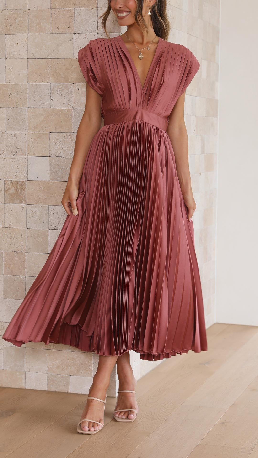 Women's Elegant Pleated Maxi Dress | V-Neck - back