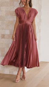Women's Elegant Pleated Maxi Dress | V-Neck