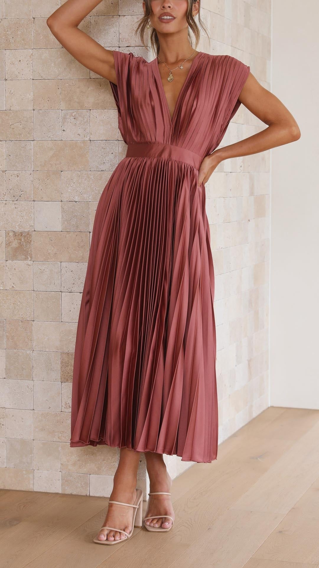 Women's Elegant Pleated Maxi Dress | V-Neck - front