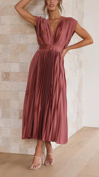 Women's Elegant Pleated Maxi Dress | V-Neck - front