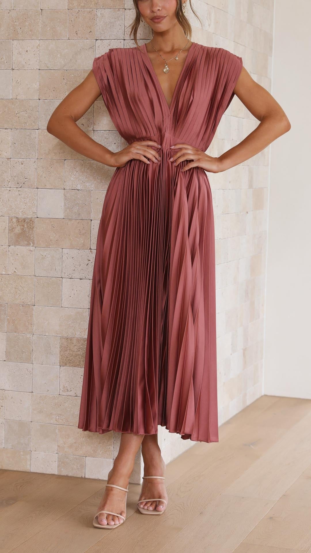 Women's Elegant Pleated Maxi Dress | V-Neck - hero