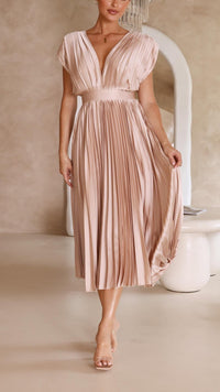 Women's Elegant Pleated Maxi Dress | V-Neck - lifestyle