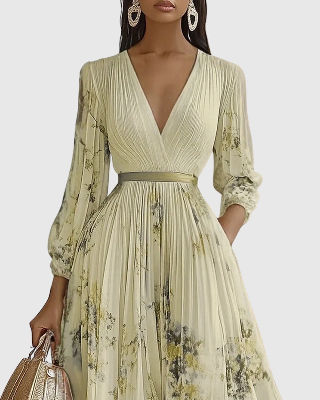 Women's Elegant Pleated Maxi Dress | V-Neck Pastel Shades - angle