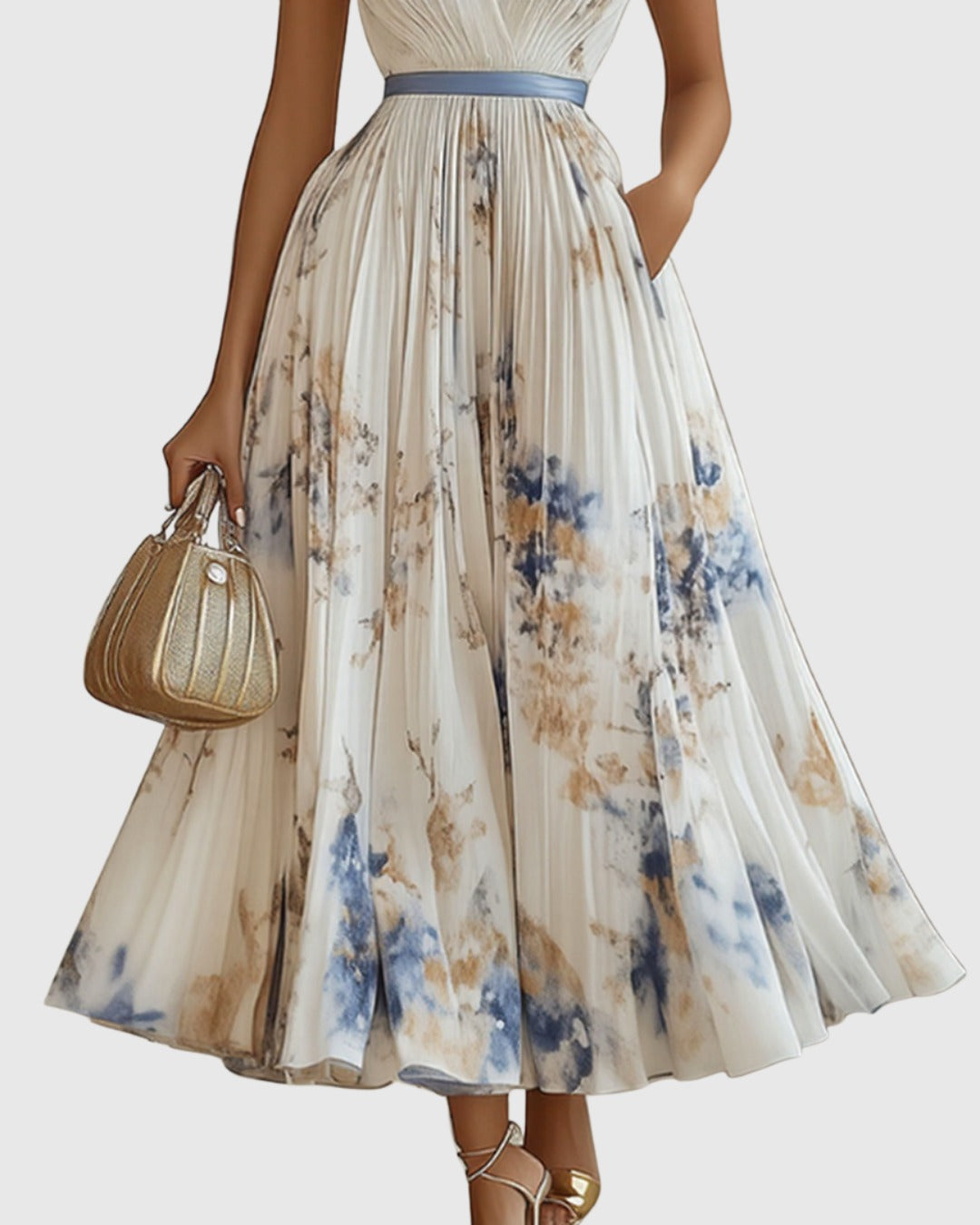 Women's Elegant Pleated Maxi Dress | V-Neck Pastel Shades - back