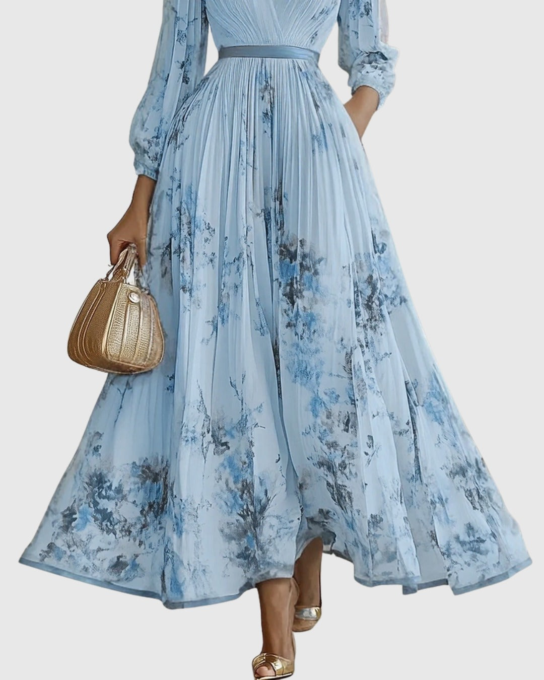 Women's Elegant Pleated Maxi Dress | V-Neck Pastel Shades - close-up