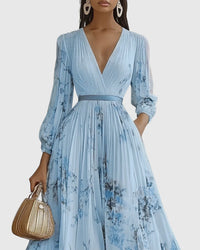 Women's Elegant Pleated Maxi Dress | V-Neck Pastel Shades - detail