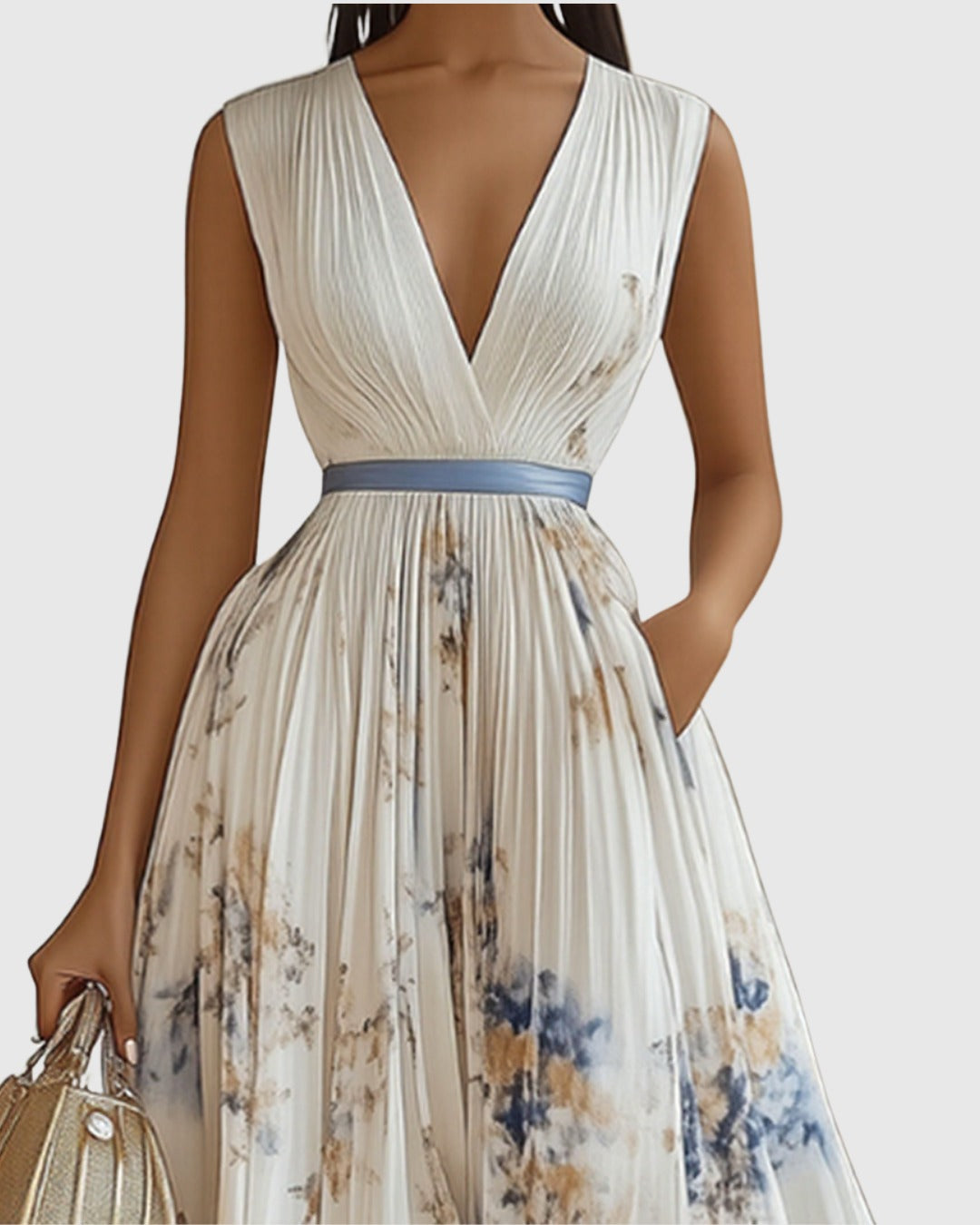 Women's Elegant Pleated Maxi Dress | V-Neck Pastel Shades - front
