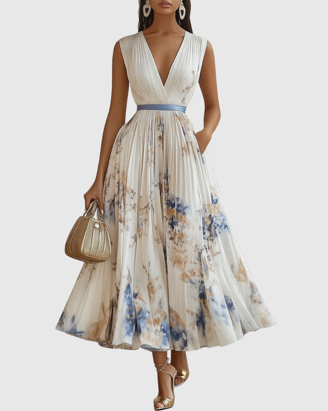 Women's Elegant Pleated Maxi Dress | V-Neck Pastel Shades - hero