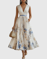 Women's Elegant Pleated Maxi Dress | V-Neck Pastel Shades