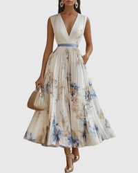 Women's Elegant Pleated Maxi Dress | V-Neck Pastel Shades - hero