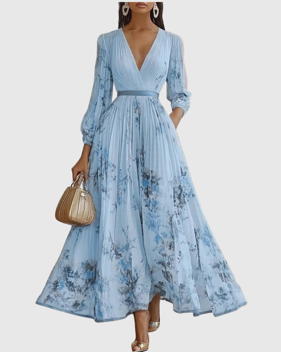 Women's Elegant Pleated Maxi Dress | V-Neck Pastel Shades - lifestyle