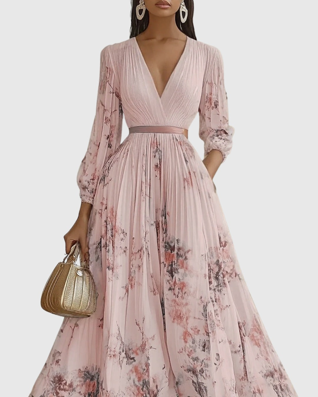 Women's Elegant Pleated Maxi Dress | V-Neck Pastel Shades - look