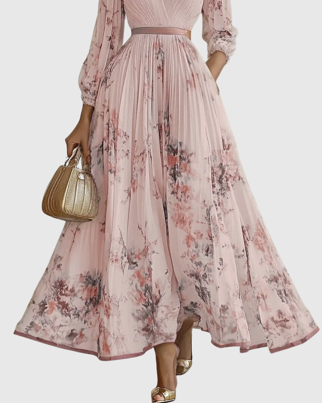 Women's Elegant Pleated Maxi Dress | V-Neck Pastel Shades - look