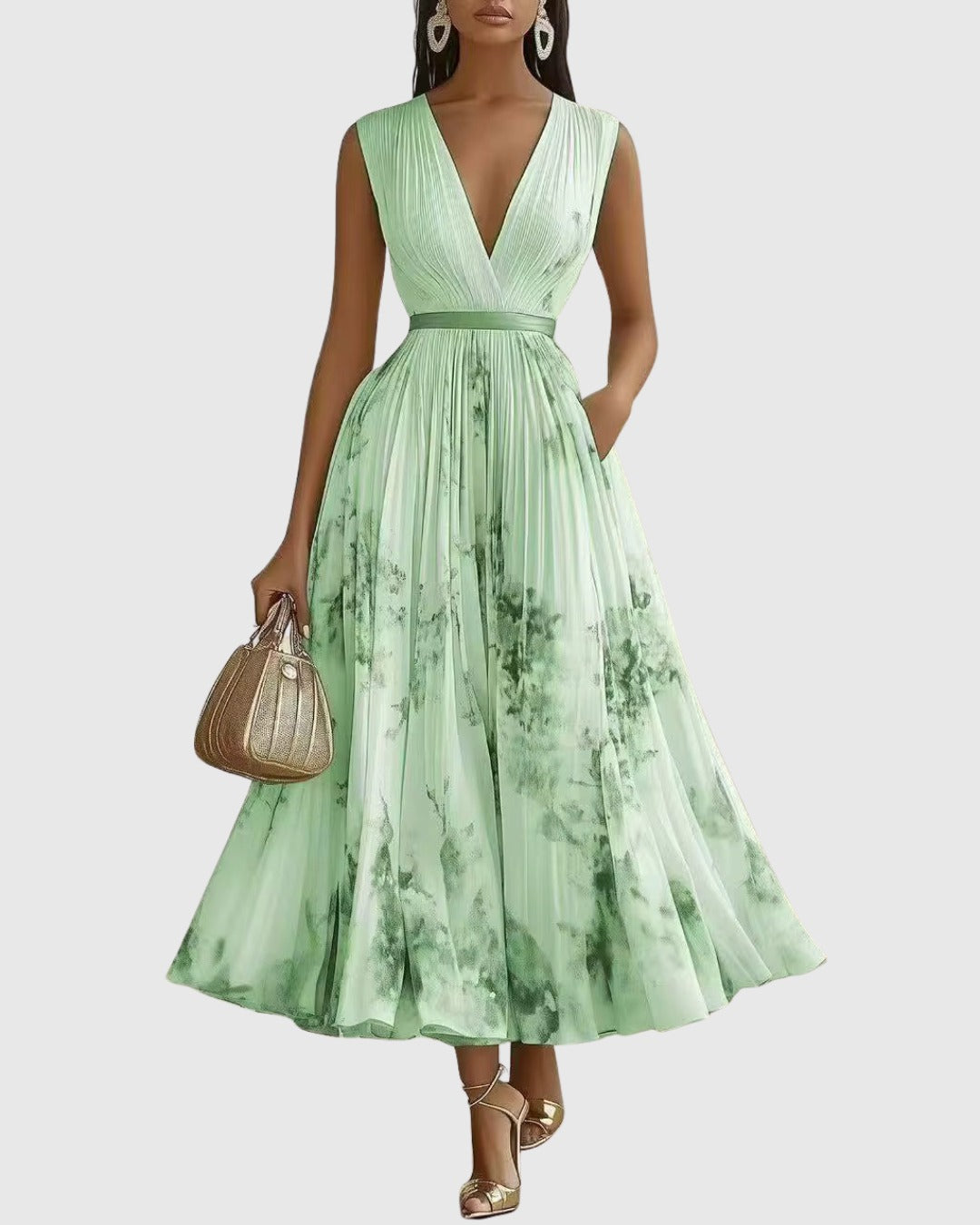 Women's Elegant Pleated Maxi Dress | V-Neck Pastel Shades - look