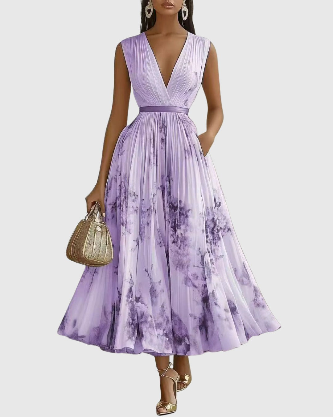 Women's Elegant Pleated Maxi Dress | V-Neck Pastel Shades - look