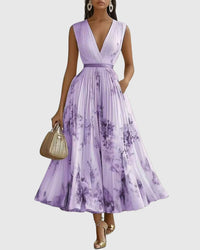 Women's Elegant Pleated Maxi Dress | V-Neck Pastel Shades - look