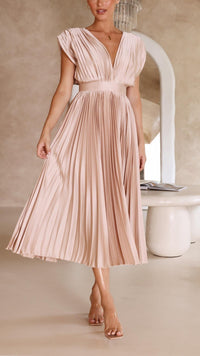 Women's Elegant Pleated Maxi Dress | V-Neck - view