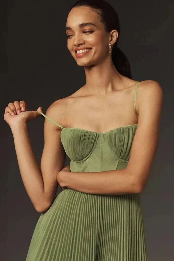 Women's Elegant Pleated Strappy Midi Dress - front