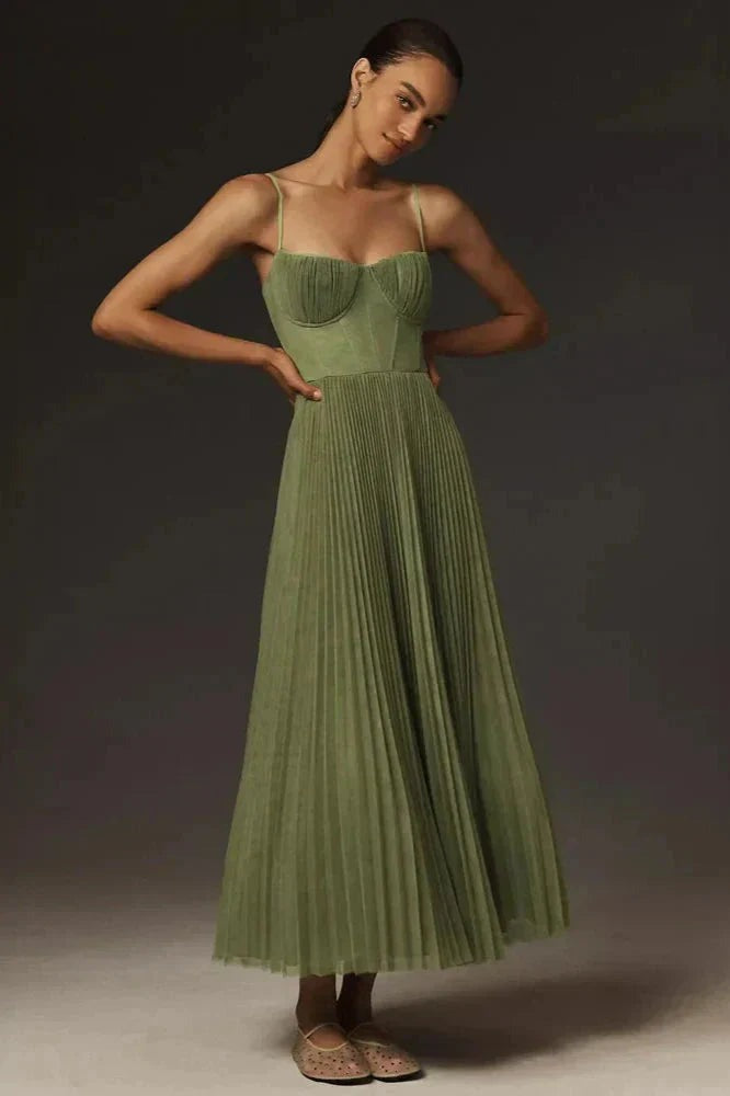 Women's Elegant Pleated Strappy Midi Dress - hero