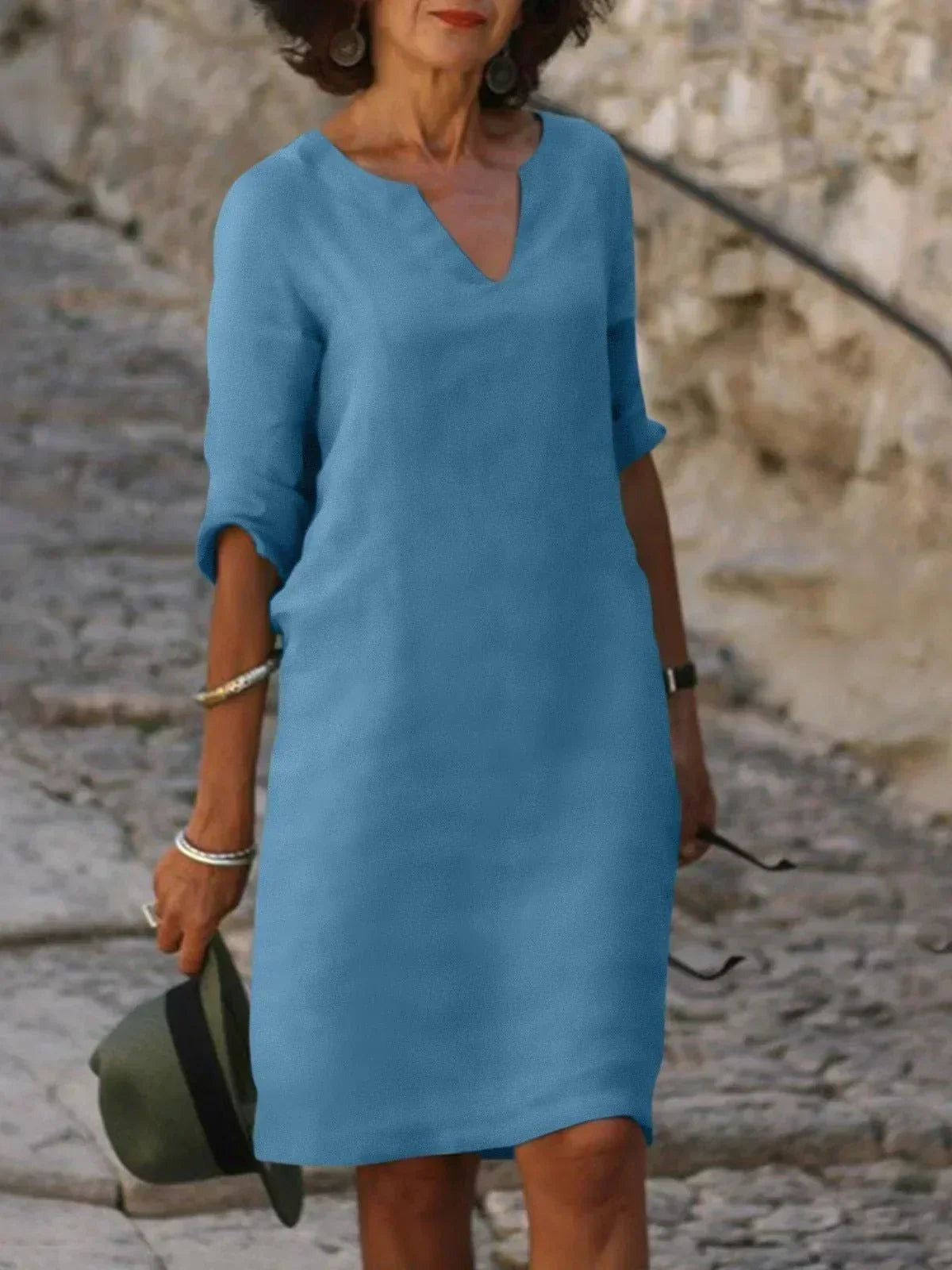 Women's Elegant V-Neck 3/4 Sleeve Dress - angle