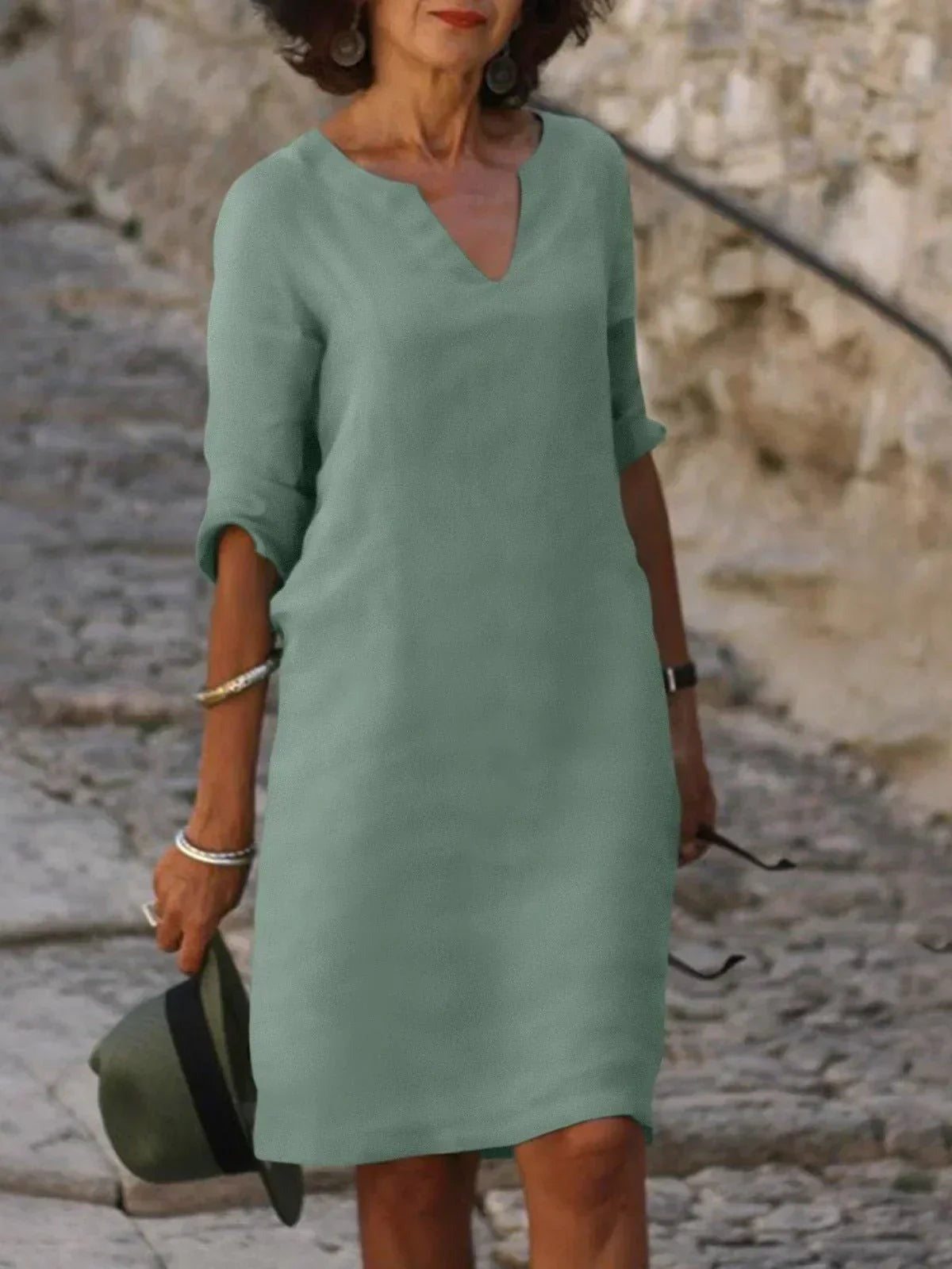 Women's Elegant V-Neck 3/4 Sleeve Dress - back