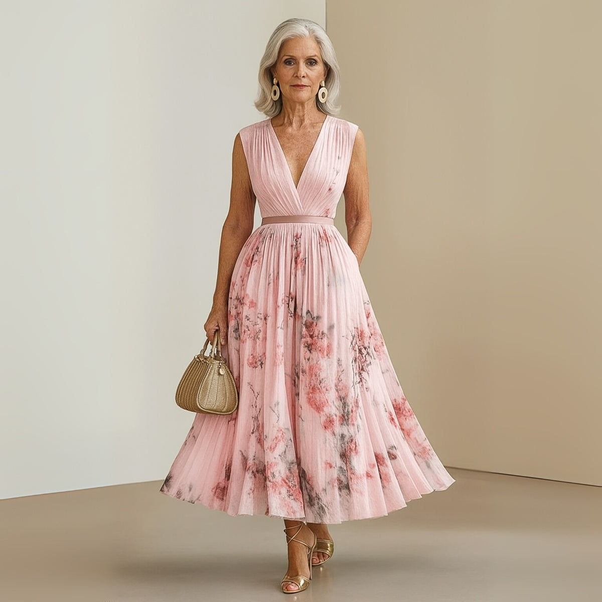 Women's Floral Midi Dress | Flowy Sleeveless - angle