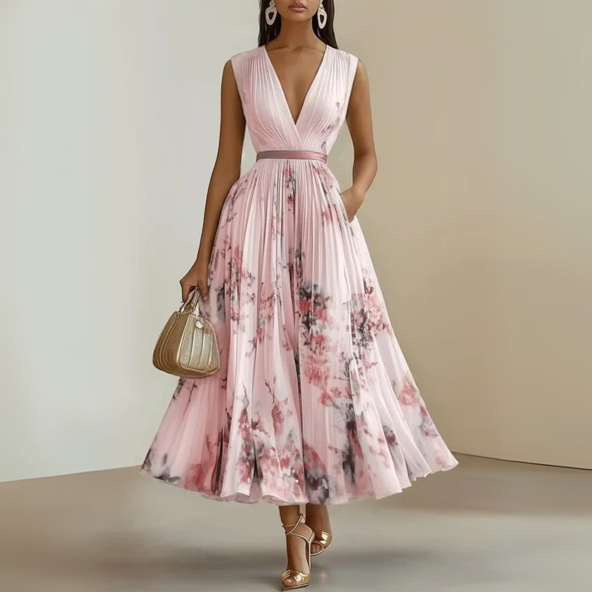 Women's Floral Midi Dress | Flowy Sleeveless - back