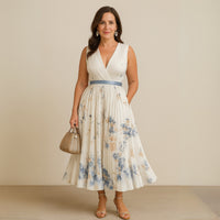 Women's Floral Midi Dress | Flowy Sleeveless - close-up