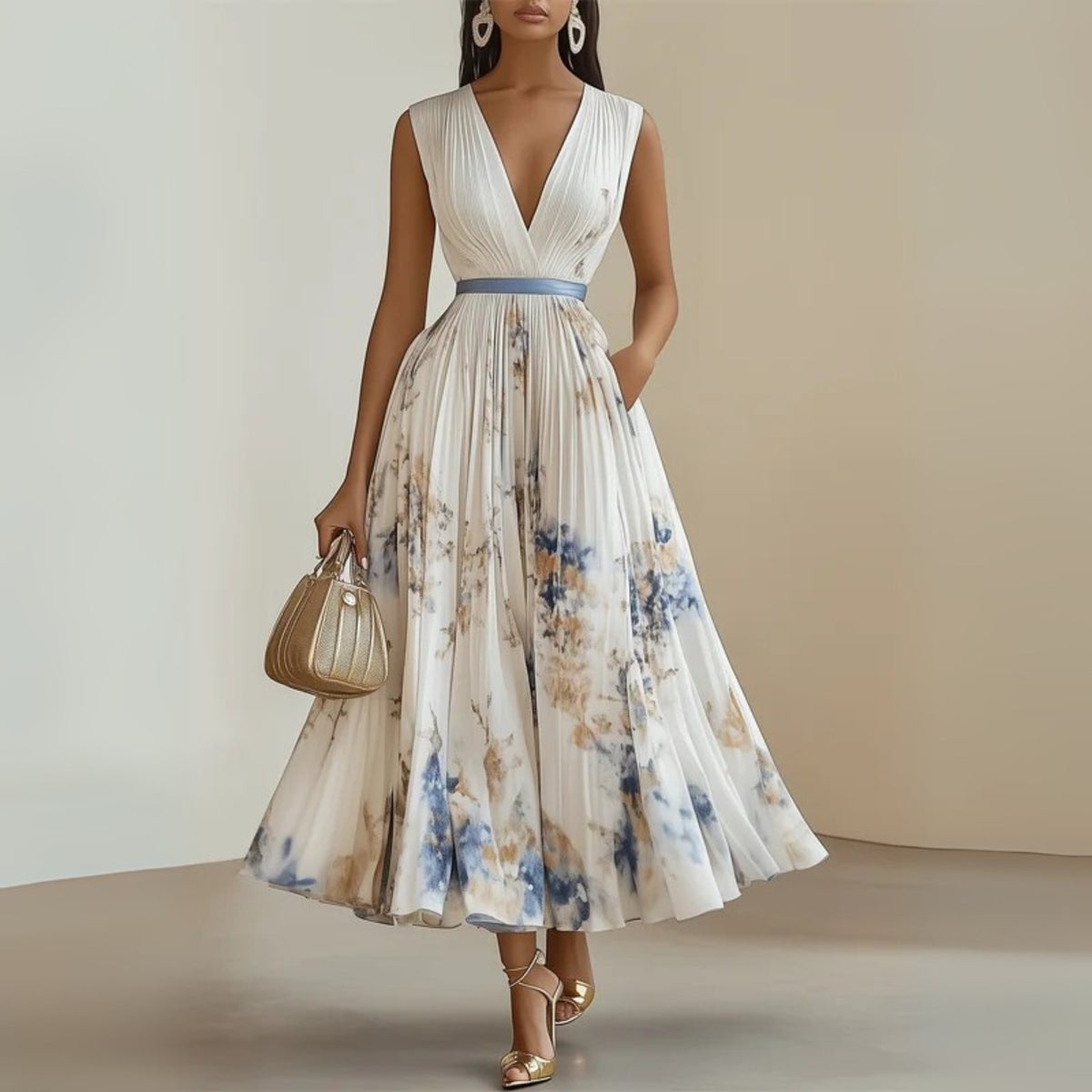 Women's Floral Midi Dress | Flowy Sleeveless - front