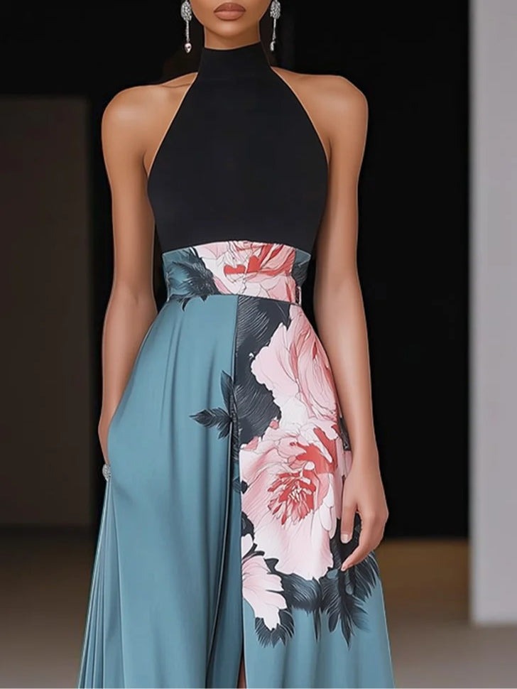 Women's Floral Sleeveless Halter Neck Maxi Dress - front