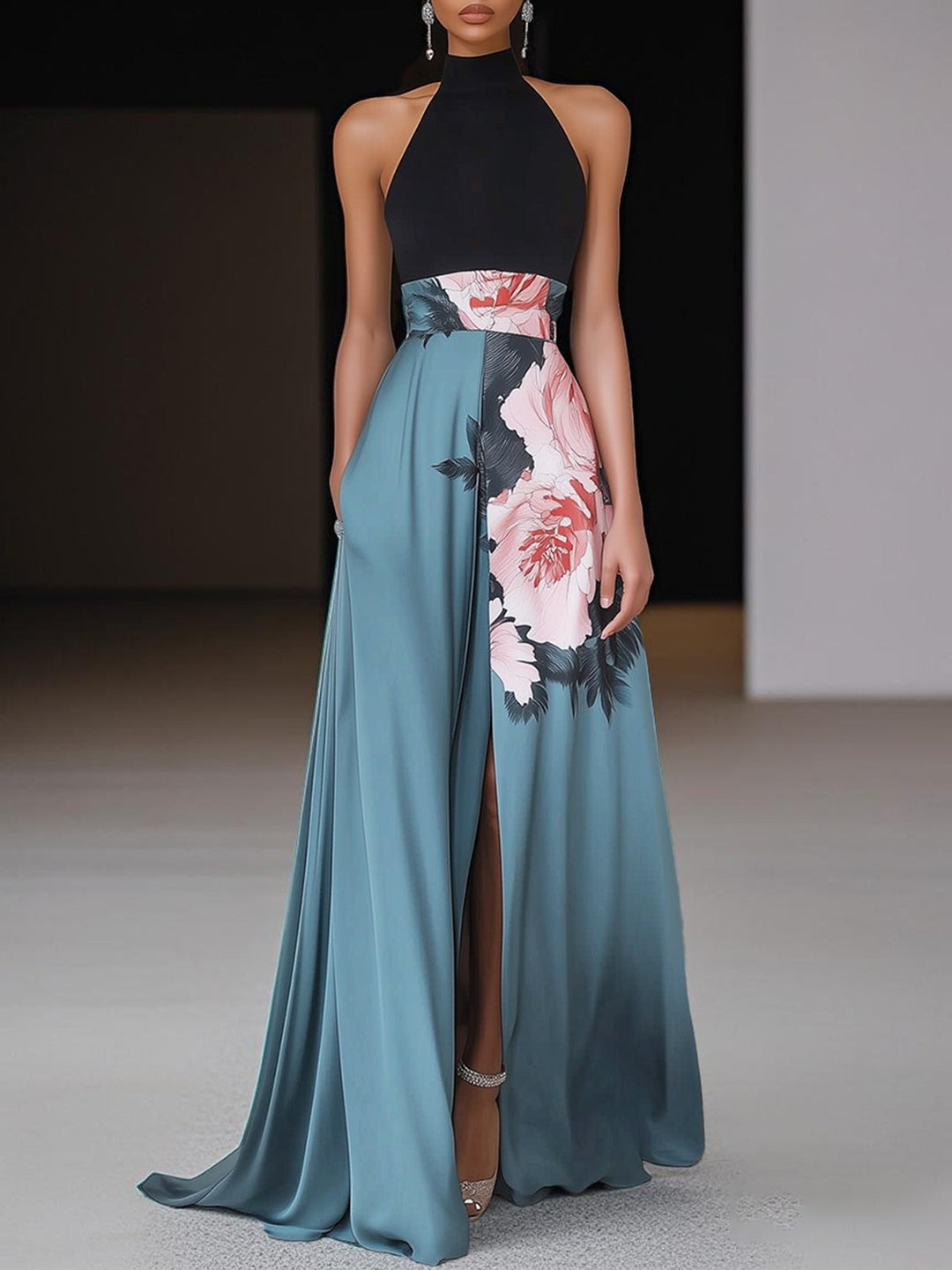 Women's Floral Sleeveless Halter Neck Maxi Dress - hero