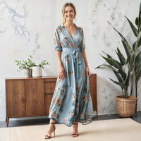 Women's Floral V-Neck Maxi Dress | Tie Waist - front
